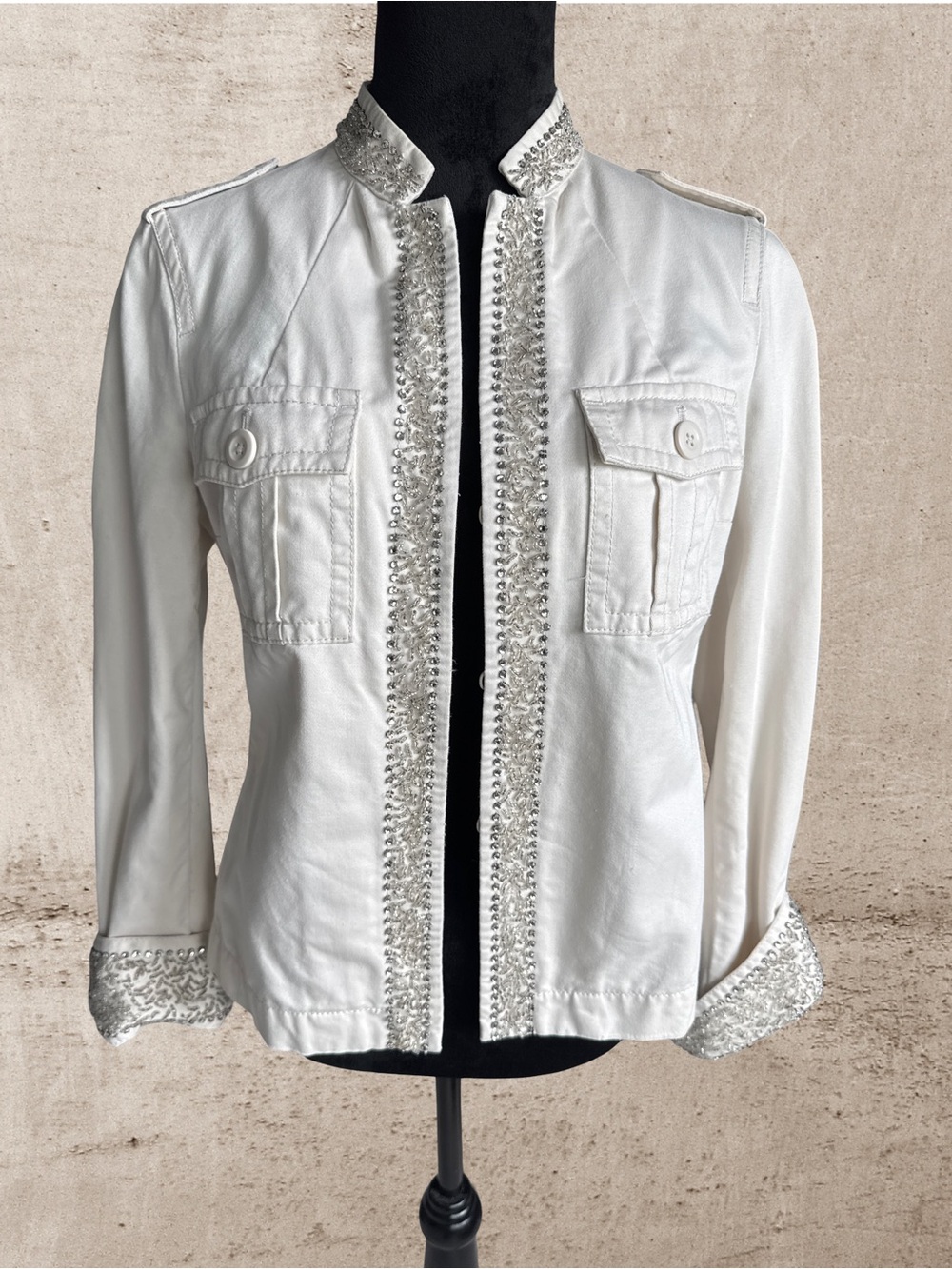 J. Crew White Embellished Military Jacket